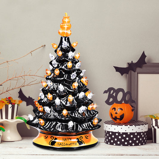 Topbuy Pre-Lit Ceramic Hand-Painted Halloween Tree Tabletop Xmas Decor W/ 64 Decorative Lights