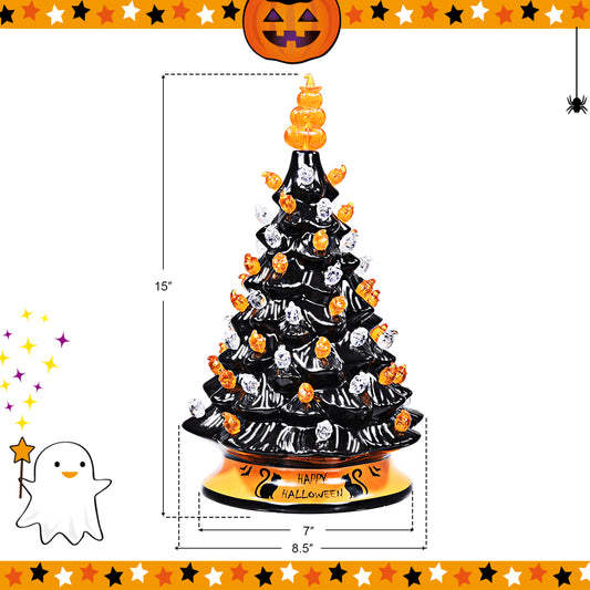 Topbuy Pre-Lit Ceramic Hand-Painted Halloween Tree Tabletop Xmas Decor W/ 64 Decorative Lights