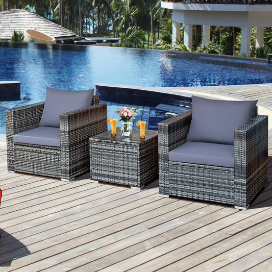 Patiojoy 3-Piece Patio Wicker Conversation Set Bistro Rattan Sofa Chair with Washable Cushion