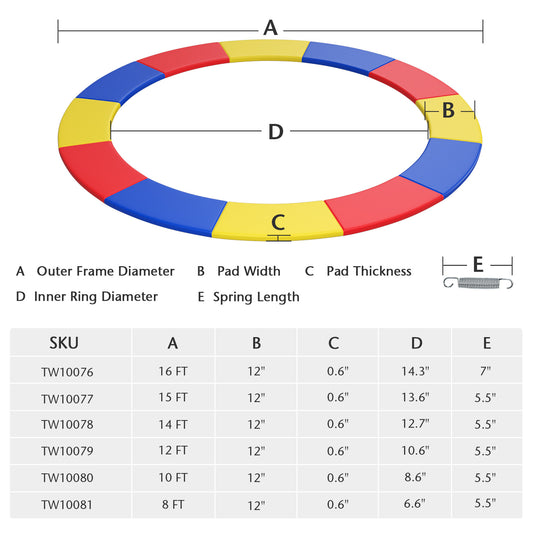 Topbuy 8FT/10FT/12FT/14FT/15FT/16FT Trampoline Pad Trampoline Replacement Safety Pad Waterproof Spring Cover Pad Colorful/Blue