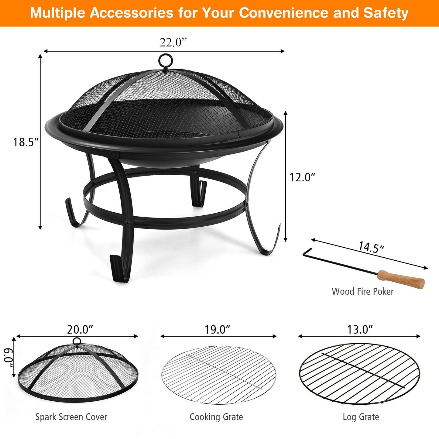 Topbuy  22'' Steel Outdoor Wood Burning Fire Pit Bowl with Round Mesh Spark Screen Cover