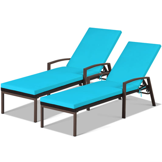 Patiojoy 2PCS Patio Rattan Wicker Lounge Chair Back Adjustable Recliner Chaise w/Turquoise Cushion