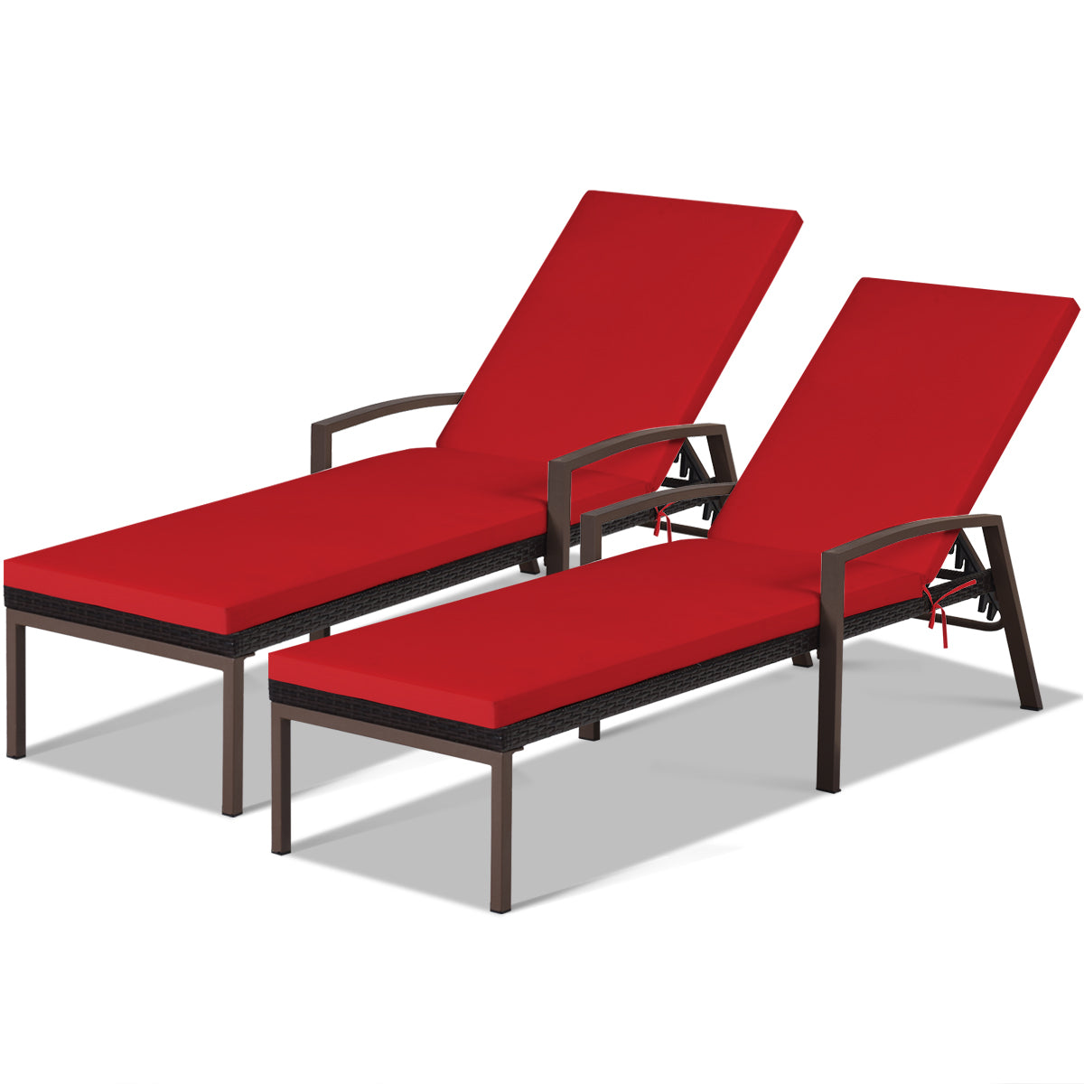 Patiojoy 2PCS Patio Rattan Wicker Lounge Chair Back Adjustable Recliner Chaise w/ Red Cushion