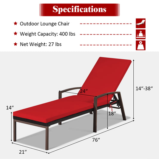 Patiojoy 2PCS Patio Rattan Wicker Lounge Chair Back Adjustable Recliner Chaise w/ Red Cushion