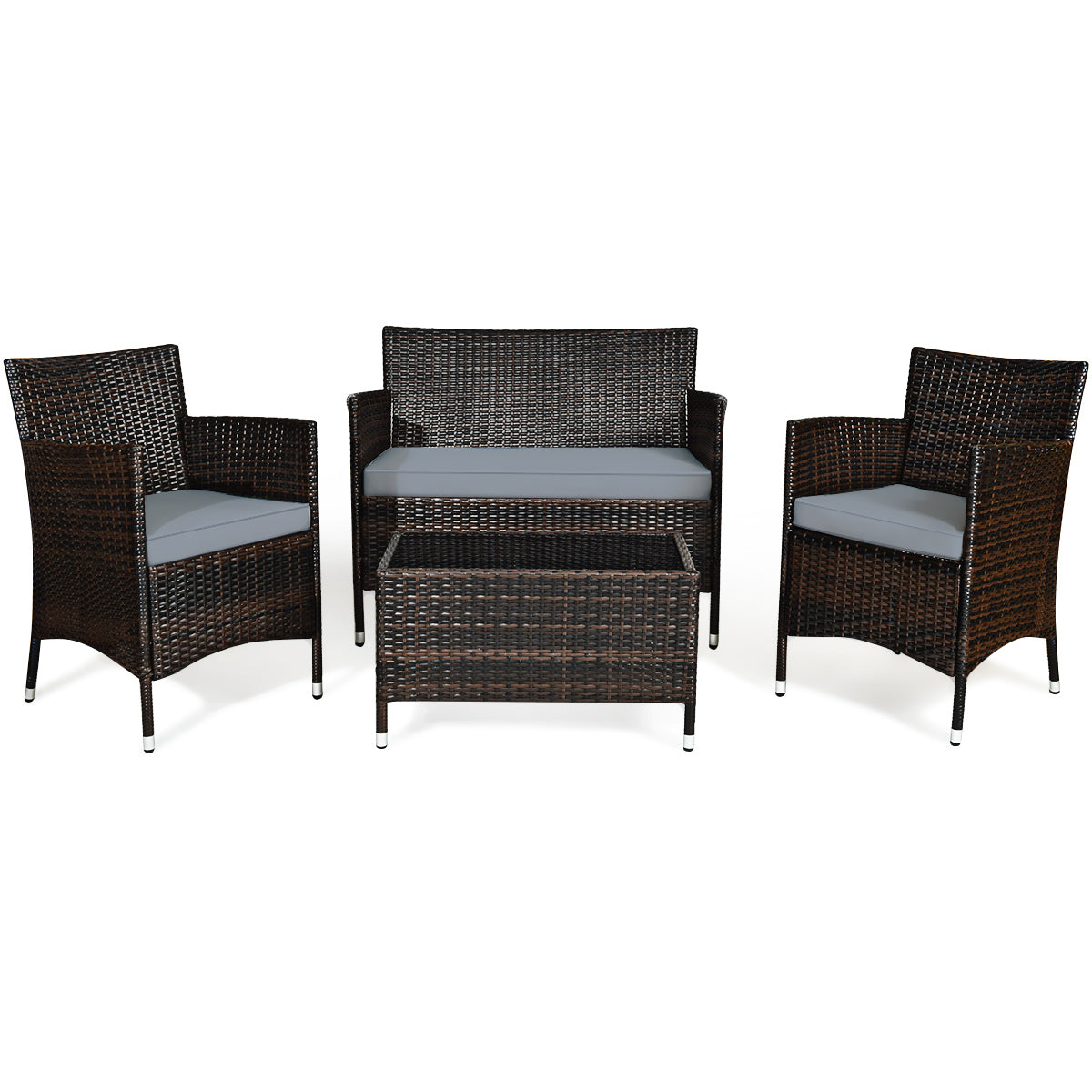 Patiojoy 4PCS Patio Rattan Wicker Furniture Set Sofa Chair Table Set W/ Gray Cushions