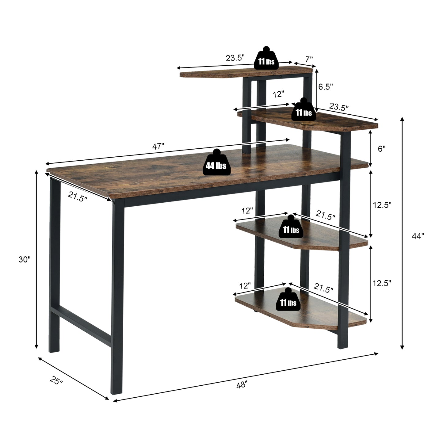 Topbuy Industrial 48?¡À Computer Desk Writing Study Table with 4-Tier Bookshelves