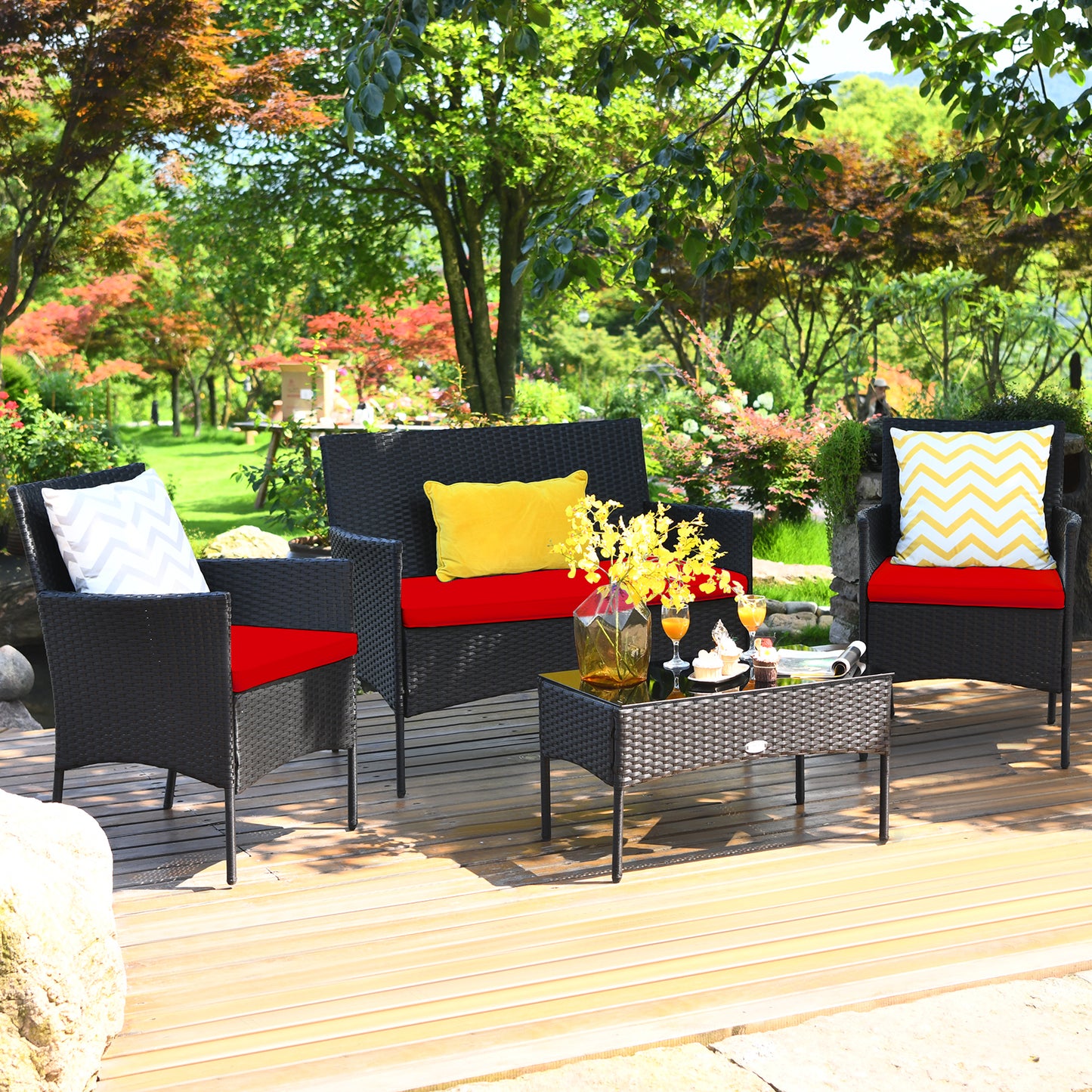 Patiojoy 4PCS/8PCS Rattan Patio Conversation Set Cushioned Sofa with Coffee Table White/Red/Turquoise