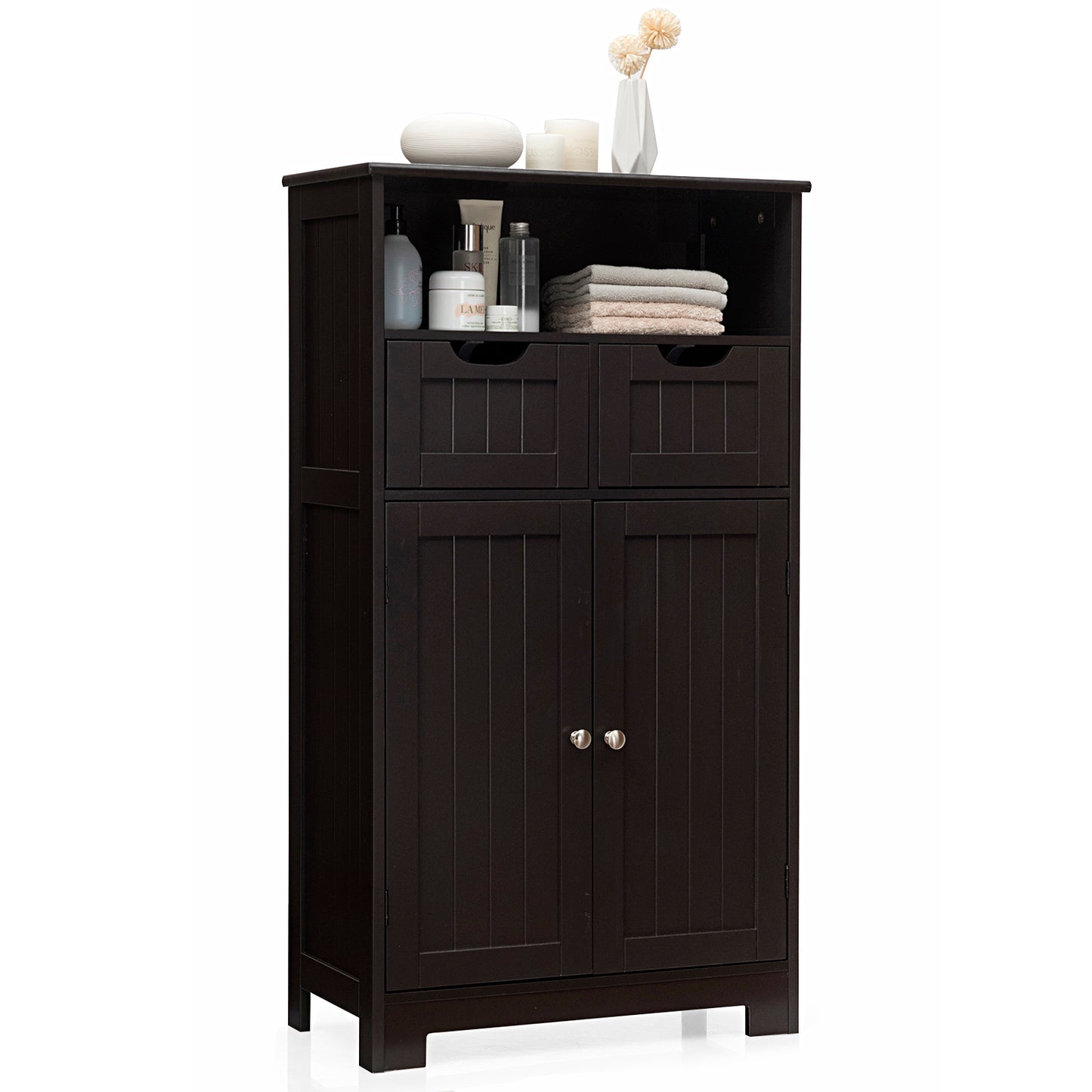 Topbuy Wooden Floor Storage Cabinet For Livingroom Bathroom Office w/Open Shelf, 2 Doors and 2 Drawers Espresso/Gray/Black/White