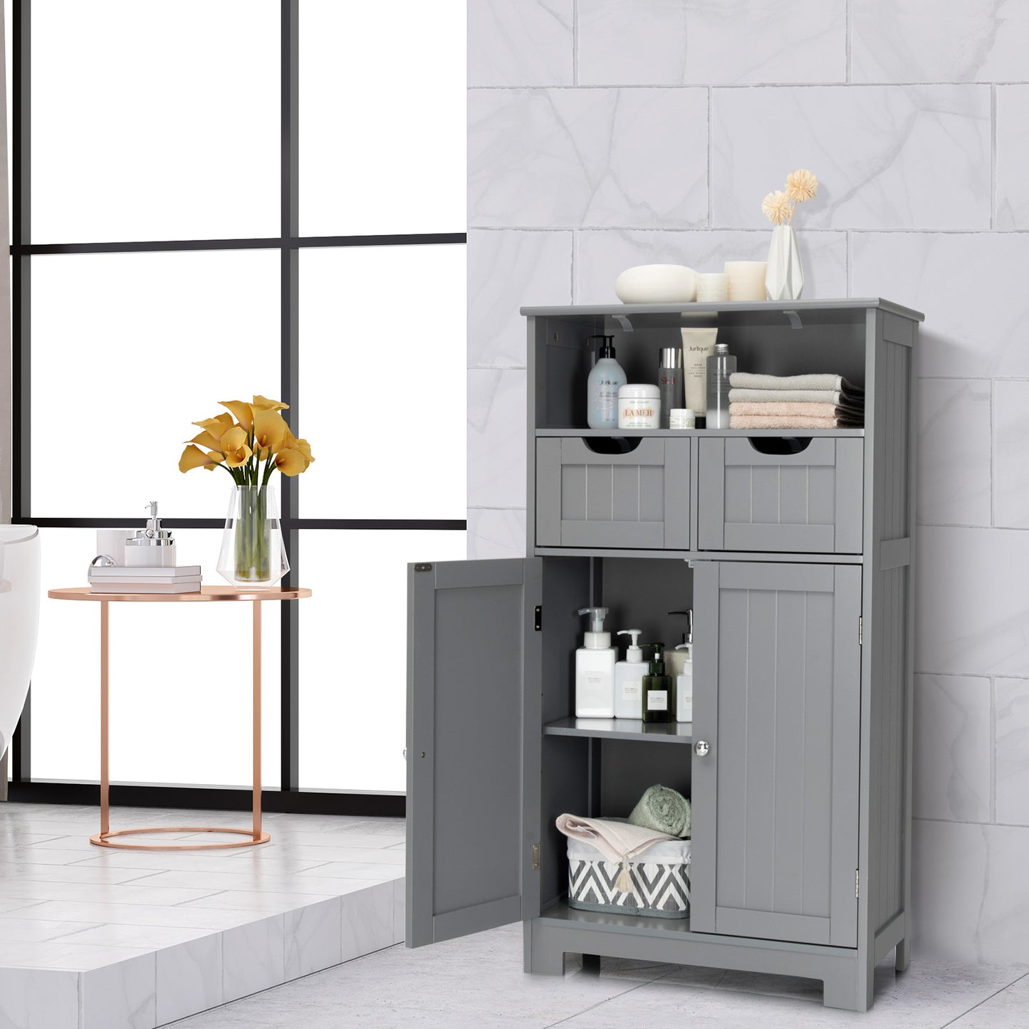 Topbuy Wooden Floor Storage Cabinet For Livingroom Bathroom Office w/Open Shelf, 2 Doors and 2 Drawers Espresso/Gray/Black/White