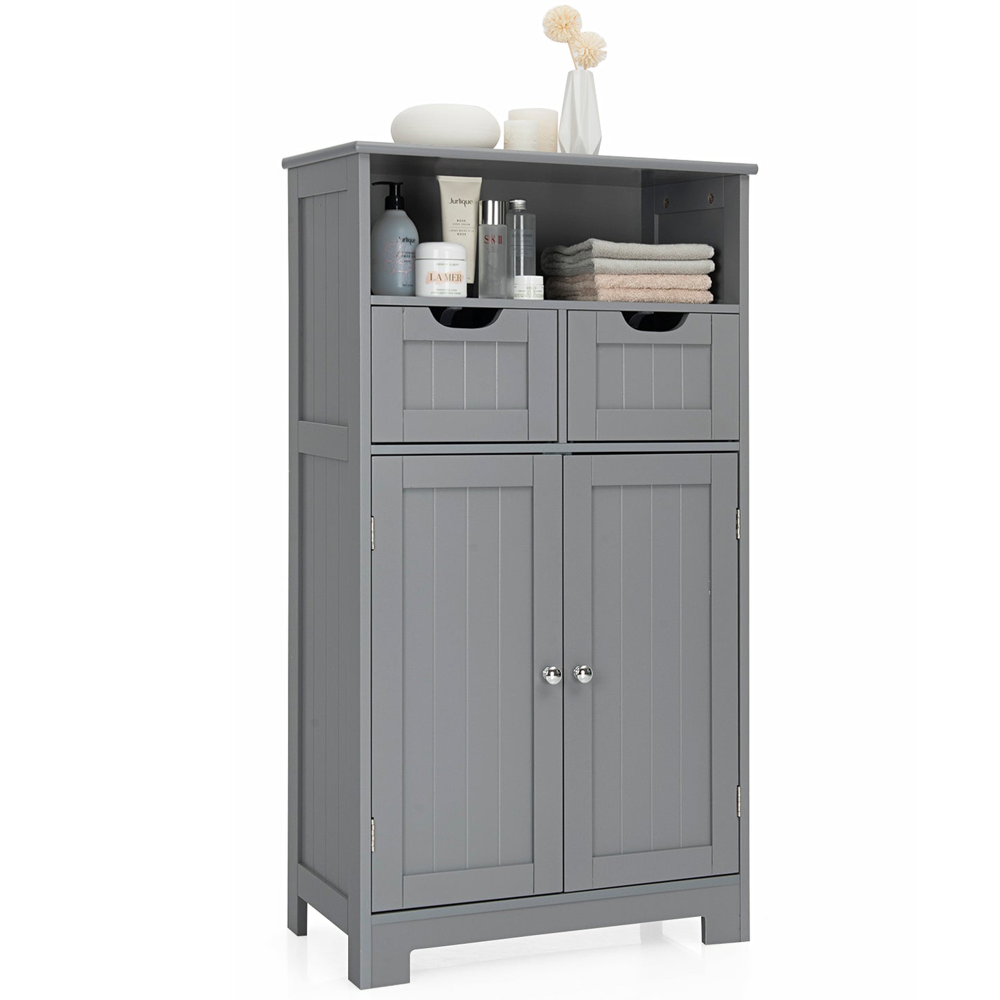 Topbuy Wooden Floor Storage Cabinet For Livingroom Bathroom Office w/Open Shelf, 2 Doors and 2 Drawers Espresso/Gray/Black/White