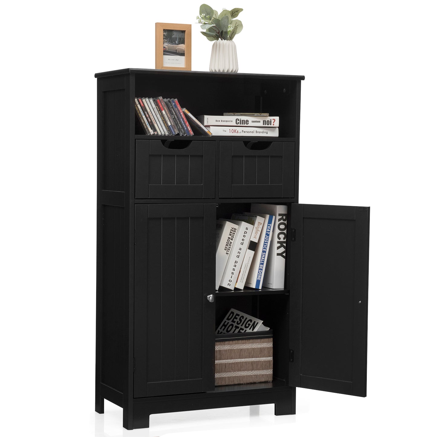 Topbuy Wooden Floor Storage Cabinet For Livingroom Bathroom Office w/Open Shelf, 2 Doors and 2 Drawers Espresso/Gray/Black/White