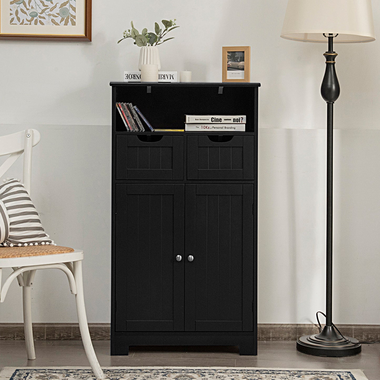 Topbuy Wooden Floor Storage Cabinet For Livingroom Bathroom Office w/Open Shelf, 2 Doors and 2 Drawers Espresso/Gray/Black/White