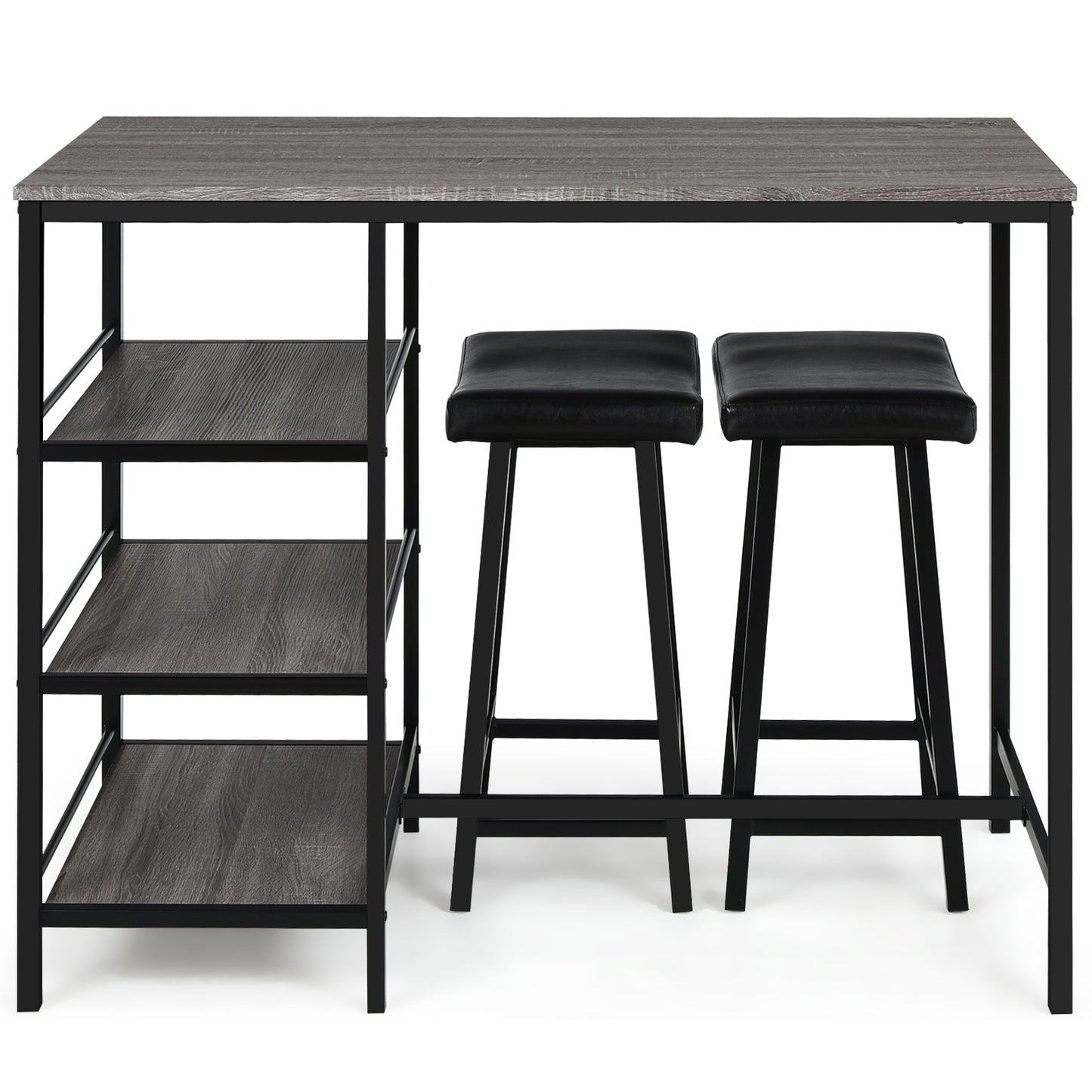 Topbuy 3PC Dining Table Set Pub Bar Table Set 3 Tier Storage Shelves with 2 Pub Stools Upholstered