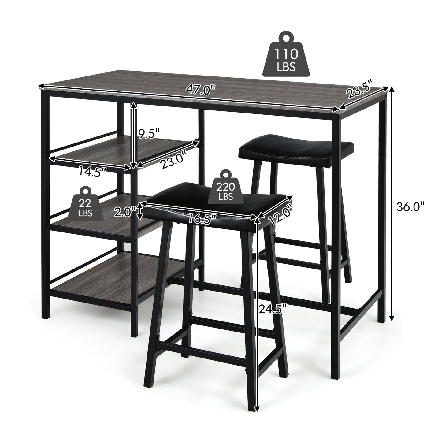 Topbuy 3PC Dining Table Set Pub Bar Table Set 3 Tier Storage Shelves with 2 Pub Stools Upholstered