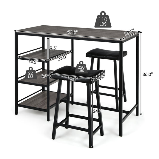 Topbuy 3PC Dining Table Set Pub Bar Table Set 3 Tier Storage Shelves with 2 Pub Stools Upholstered