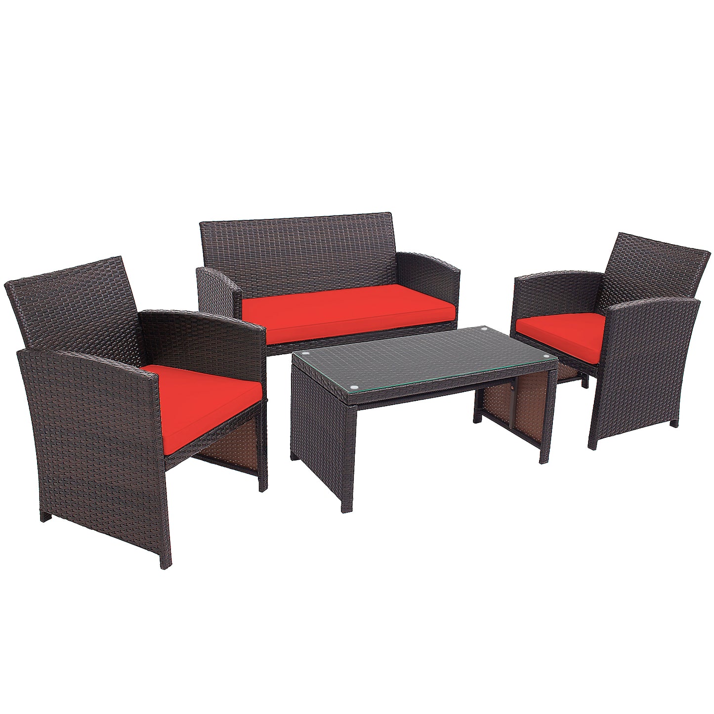 Patiojoy 4PCS Outdoor Patio Furniture Sets Weather-Resistant Rattan Sofas w/ Soft Cushion Red