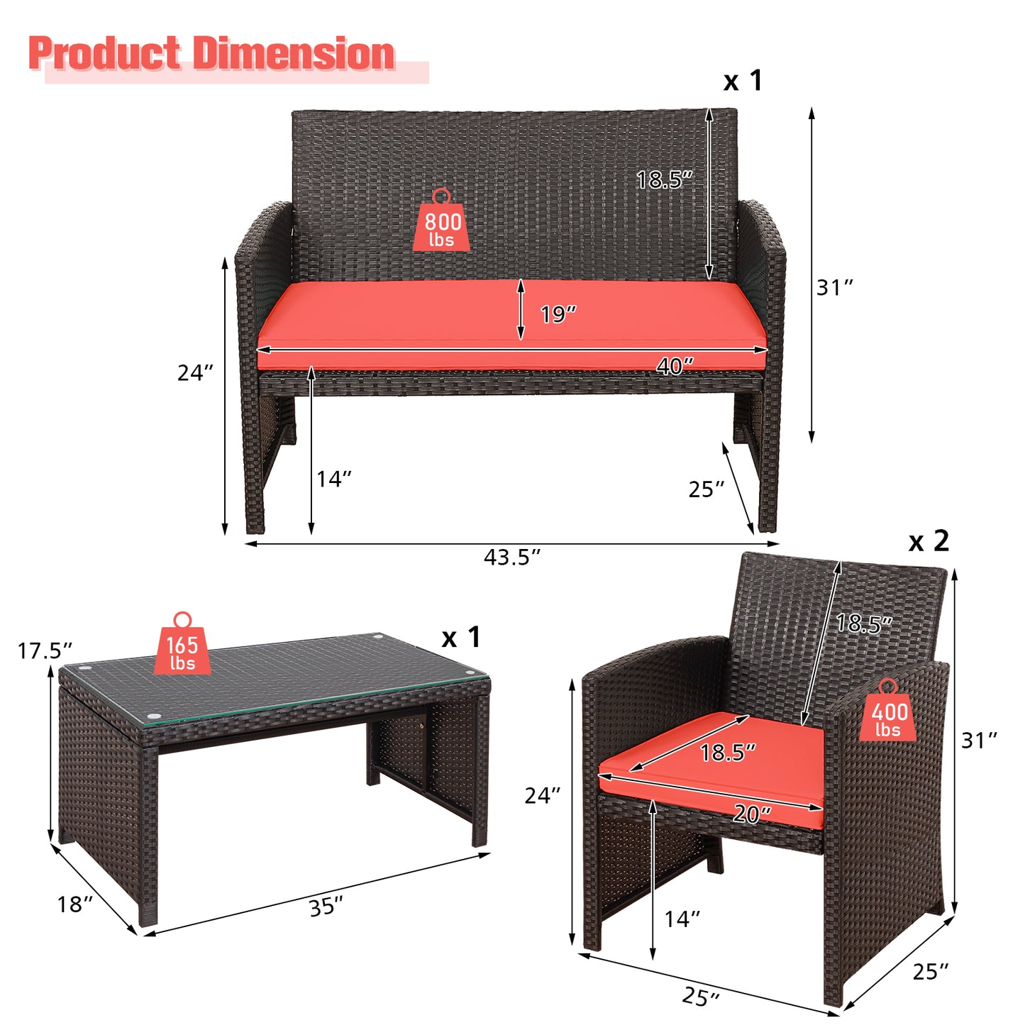 Patiojoy 4PCS Outdoor Patio Furniture Sets Weather-Resistant Rattan Sofas w/ Soft Cushion Red