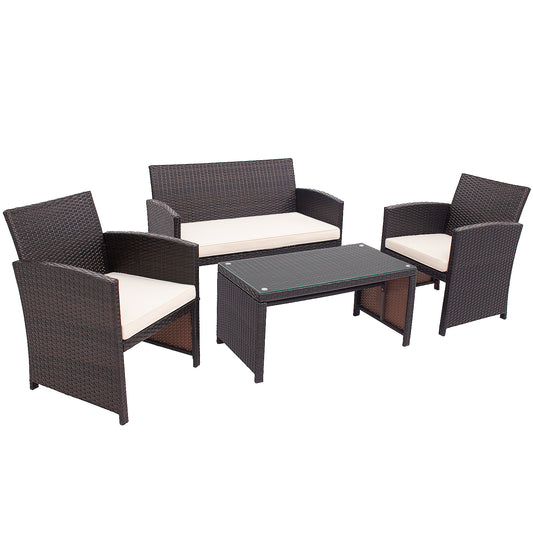 Patiojoy 4PCS Outdoor Patio Furniture Sets Weather-Resistant Rattan Sofas w/ Soft Cushion White