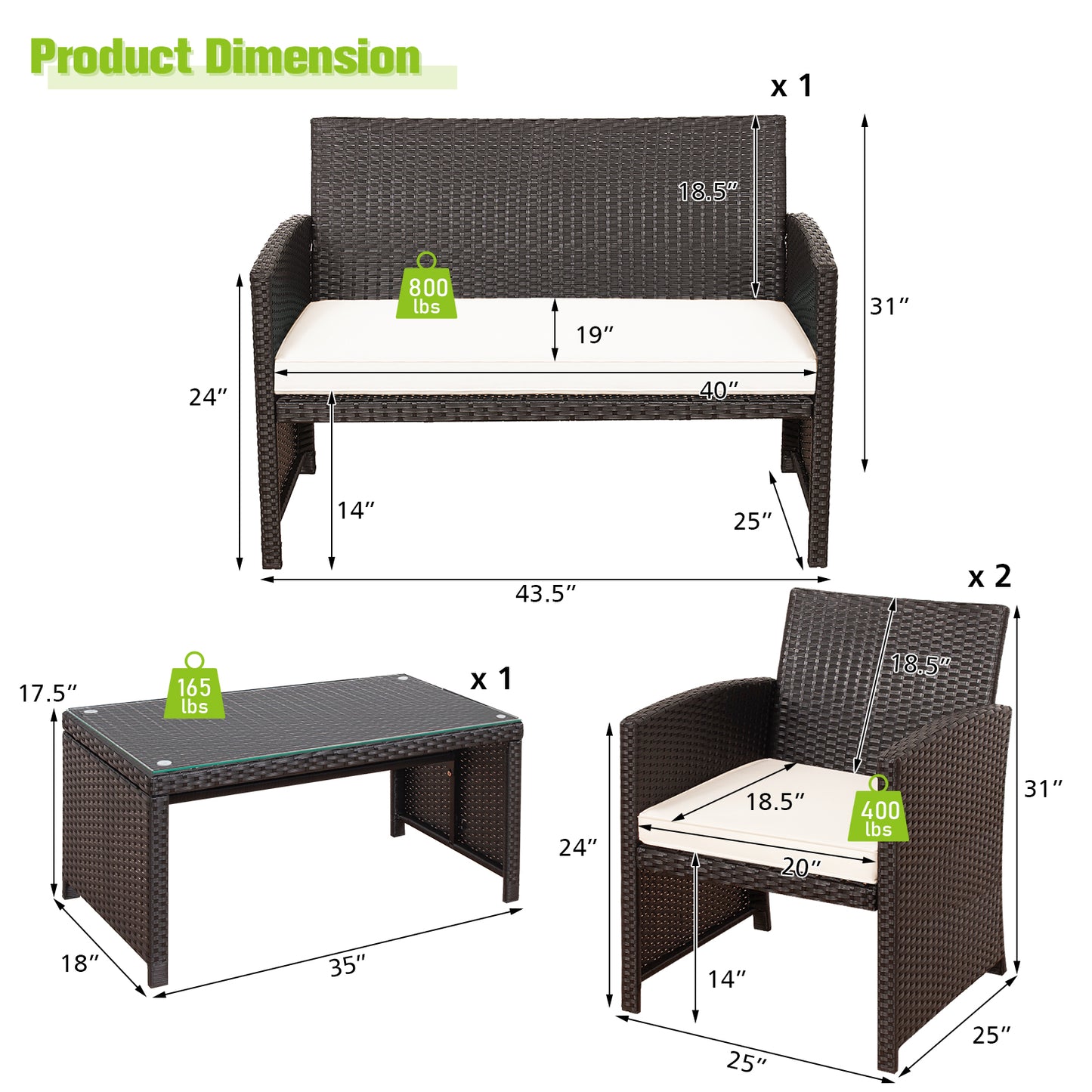 Patiojoy 4PCS Outdoor Patio Furniture Sets Weather-Resistant Rattan Sofas w/ Soft Cushion White