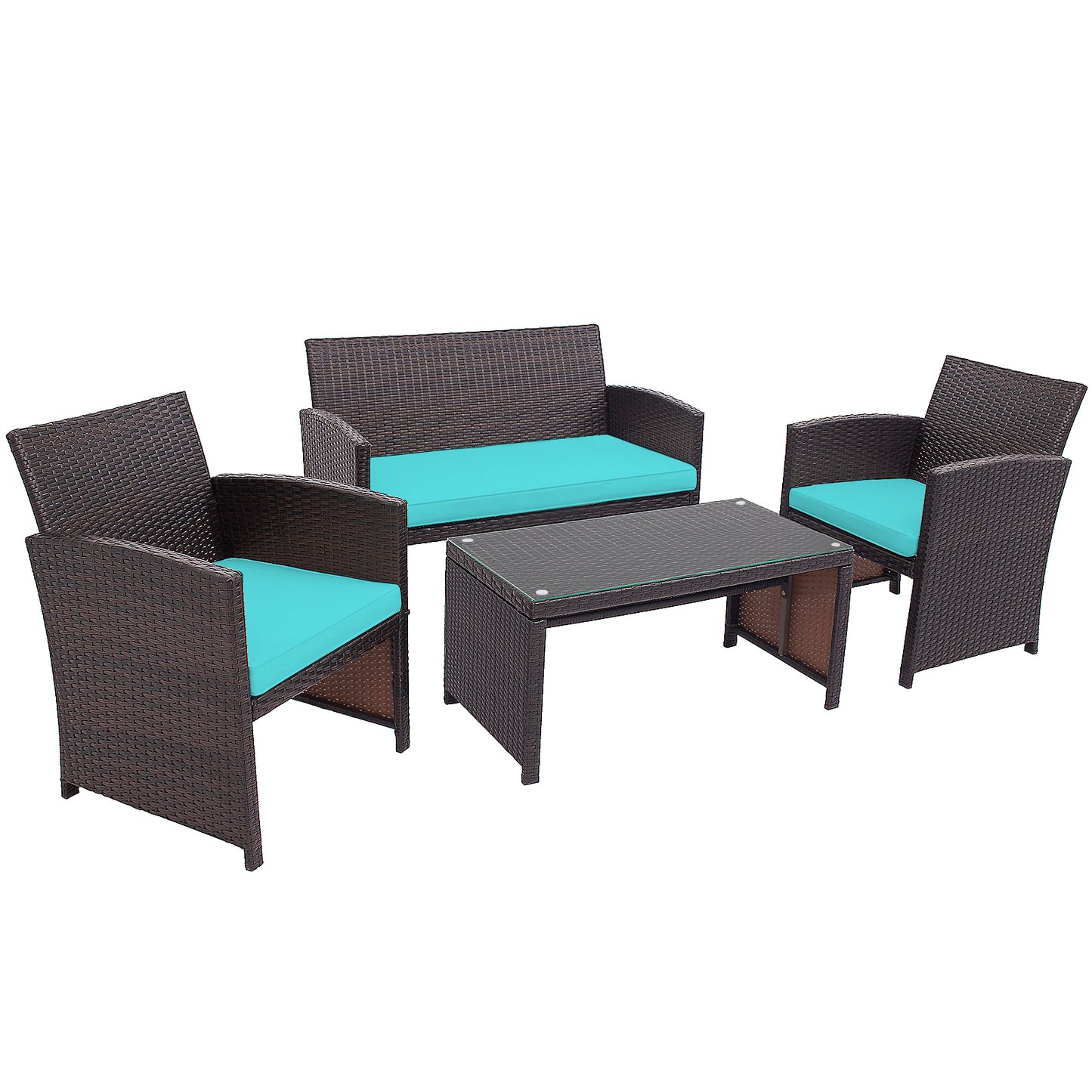 Patiojoy 4PCS Outdoor Patio Furniture Sets Weather-Resistant Rattan Sofas w/ Soft Cushion Turquoise