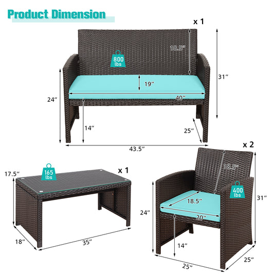 Patiojoy 8PCS Outdoor Patio Furniture Sets Weather-Resistant Rattan Sofas w/ Soft Cushion Turquoise