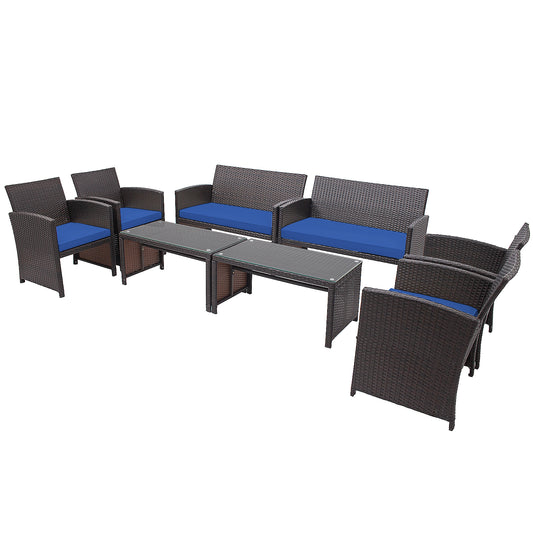 Patiojoy 8PCS Outdoor Patio Furniture Sets Weather-Resistant Rattan Sofas w/ Soft Cushion Navy