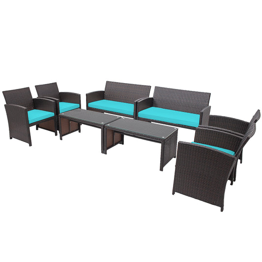 Patiojoy 8PCS Outdoor Patio Furniture Sets Weather-Resistant Rattan Sofas w/ Soft Cushion Turquoise