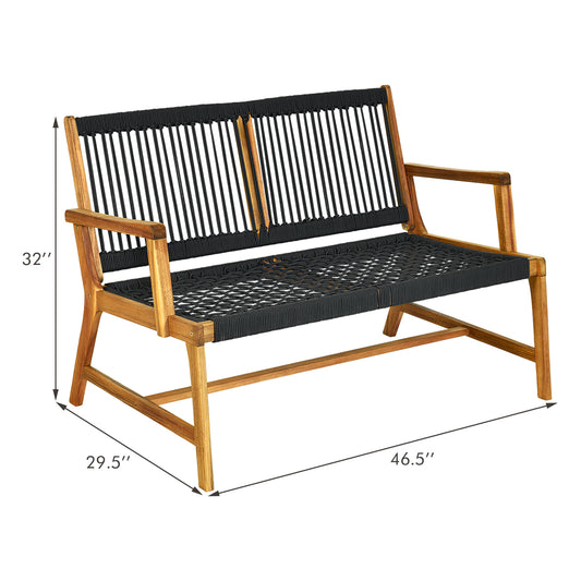 Topbuy 2-Person Outdoor Acacia Wood Bench Patio Loveseat Rope Bench Turqoise/Black