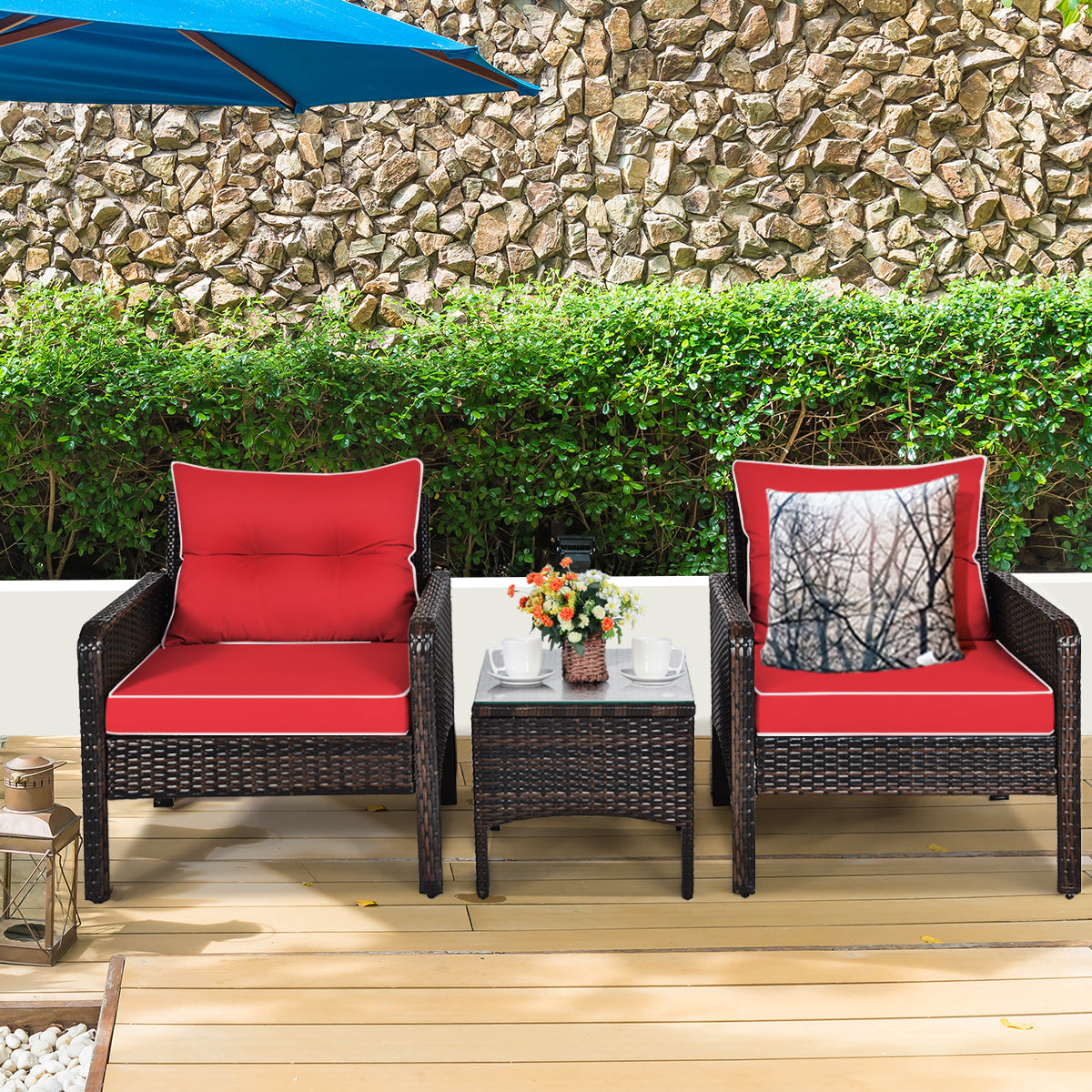 Patiojoy 3PCS Outdoor Patio Rattan Wicker Conversation Set W/Cushions Beige/Red/Turquoise