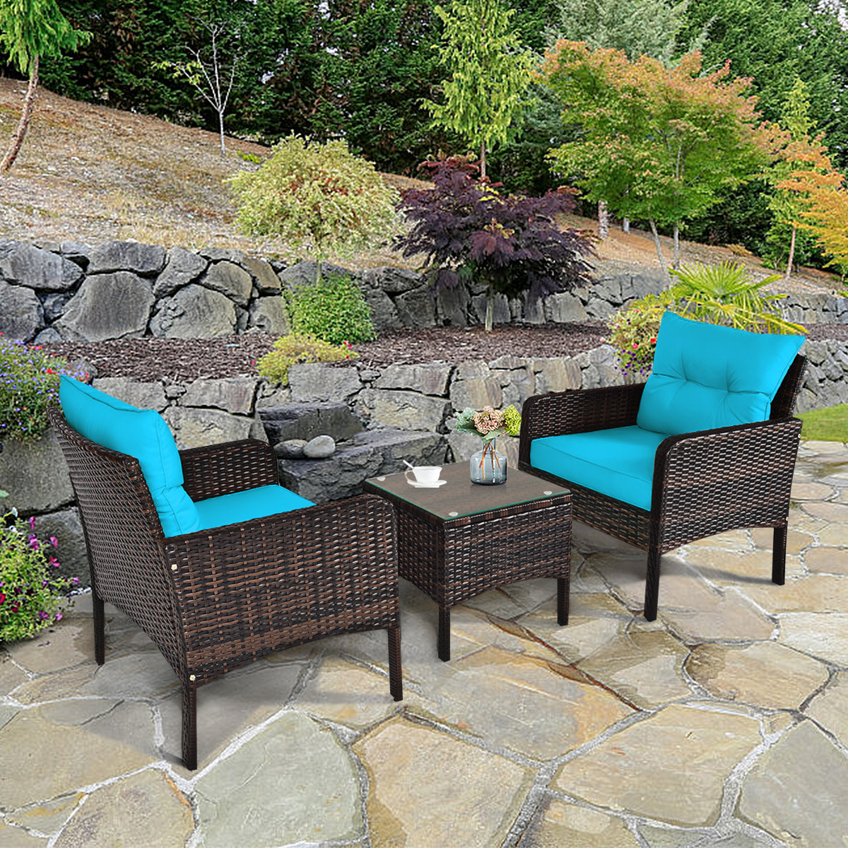 Patiojoy 3PCS Outdoor Patio Rattan Wicker Conversation Set W/Cushions Beige/Red/Turquoise