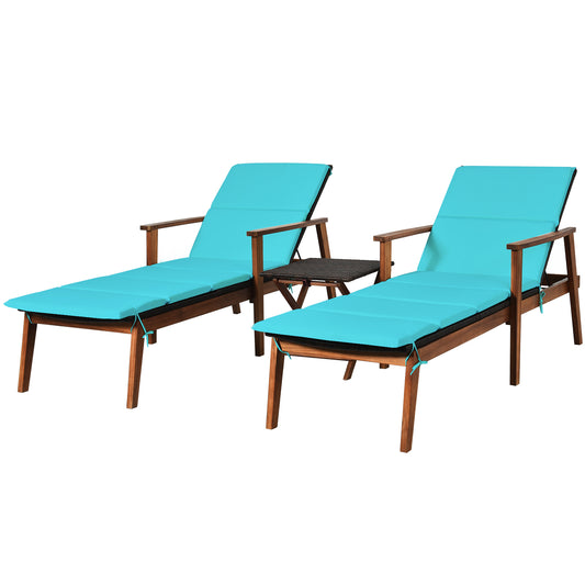 Topbuy Set of 2 Chaise Lounge Chair Set Acacia Wood Frame Adjustable Backrest W/Cushions Turquoise/White