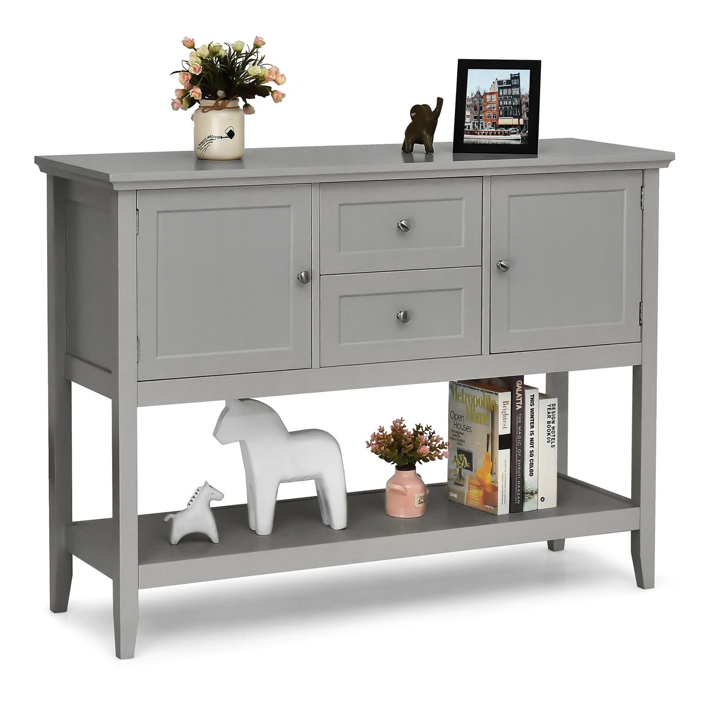 Topbuy Buffet Cabinet Sideboard Wooden Console Table with 2 Storage Drawers & 2 Cabinets & Bottom Shelf Beige/Gray