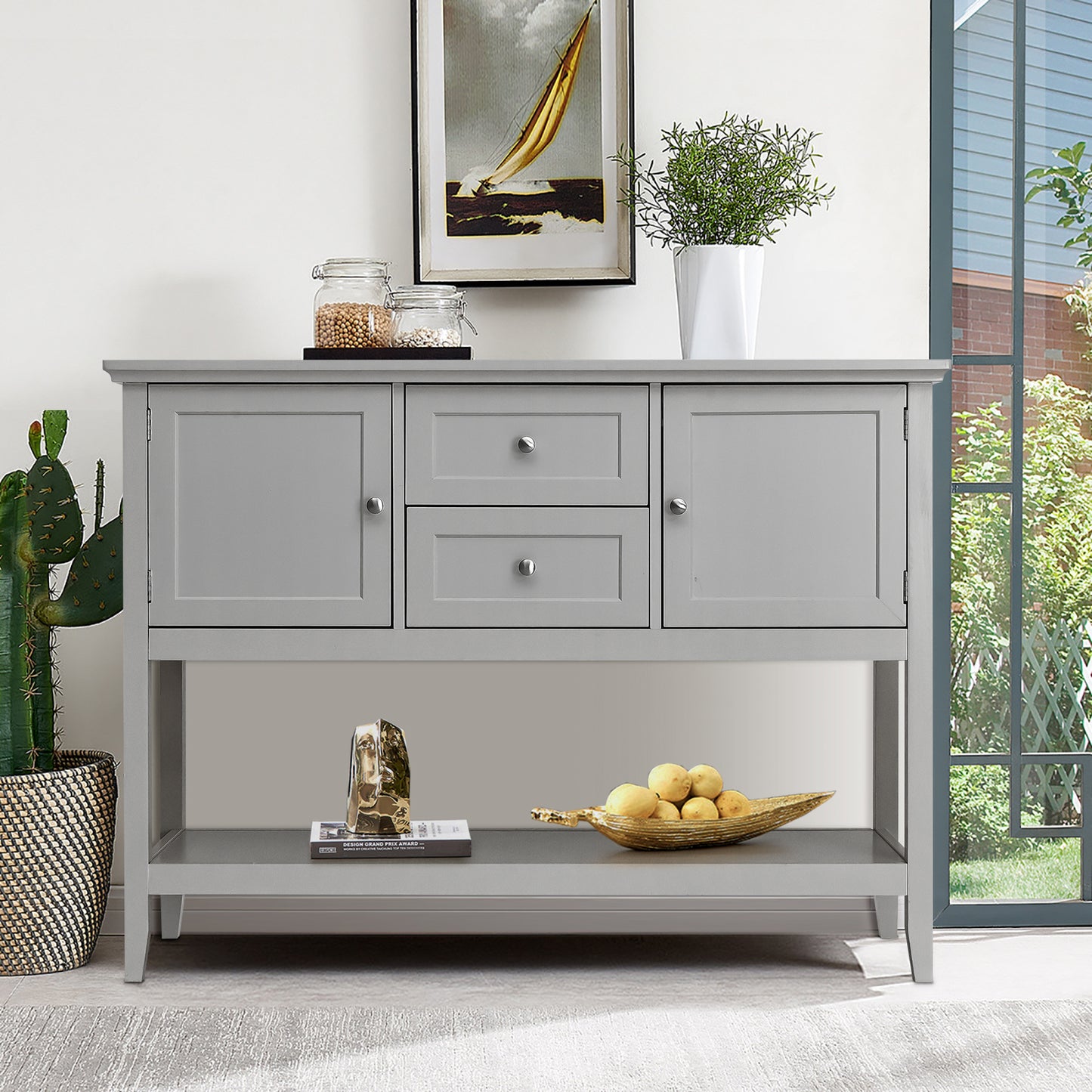 Topbuy Buffet Cabinet Sideboard Wooden Console Table with 2 Storage Drawers & 2 Cabinets & Bottom Shelf Beige/Gray