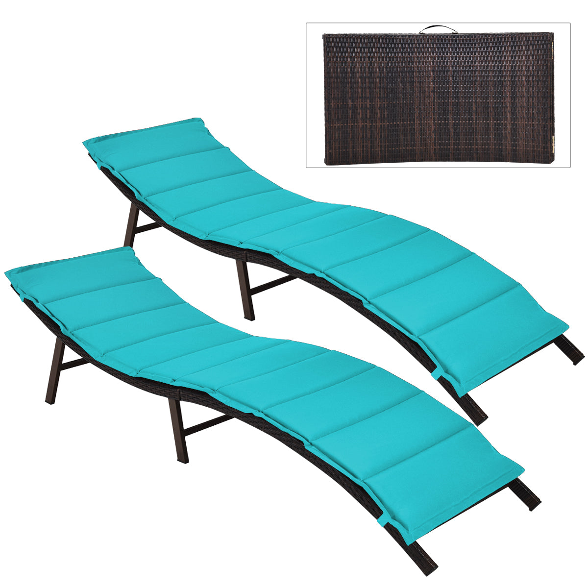 Patiojoy 2PCS Outdoor Patio Rattan Wicker Lounge Chair Chaise Folding W/Cushions Turquoise