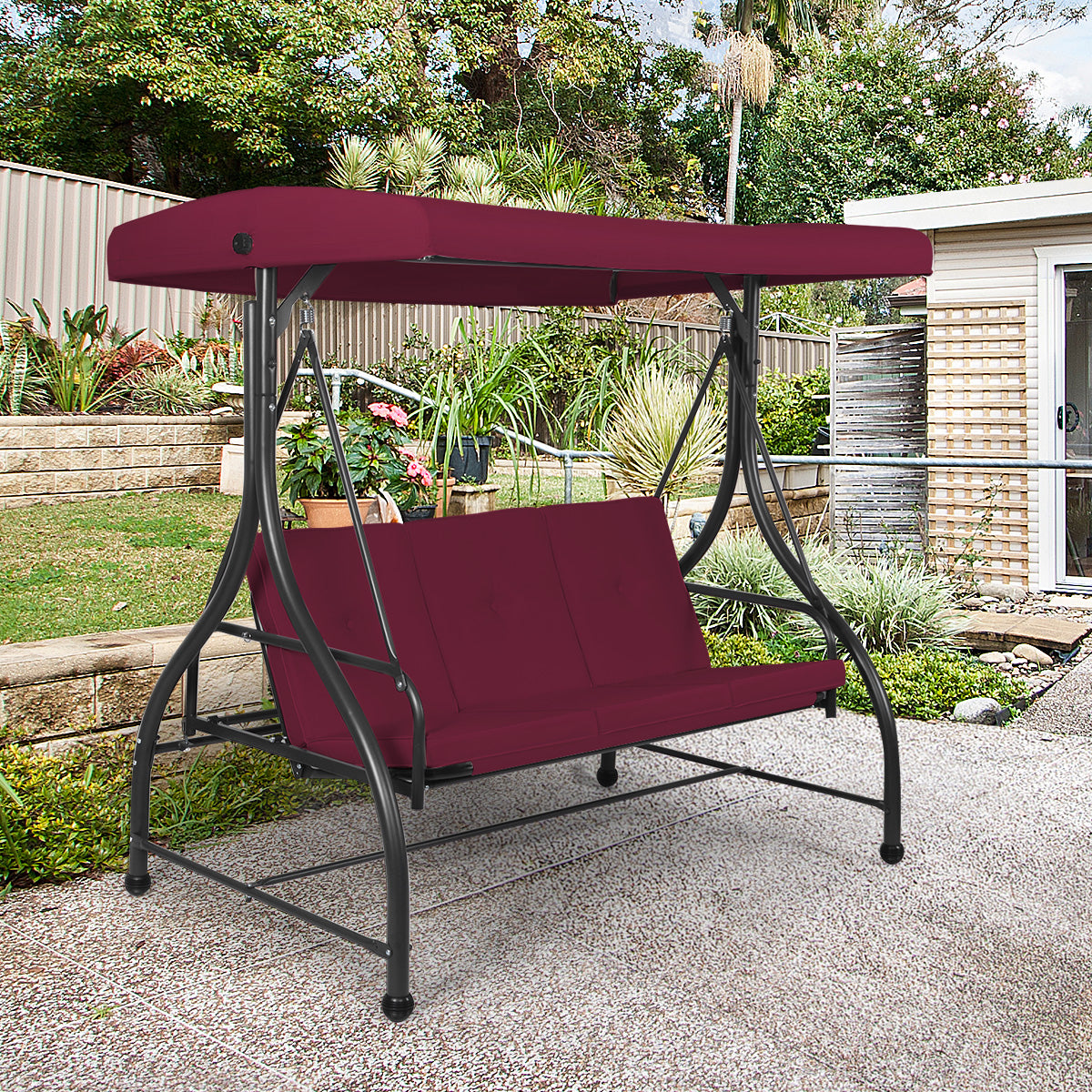 Topbuy 3 Person Porch Swing Hammock Bench Chair Outdoor with Canopy Turquoise/Beige/Black/Brown/Wine Red