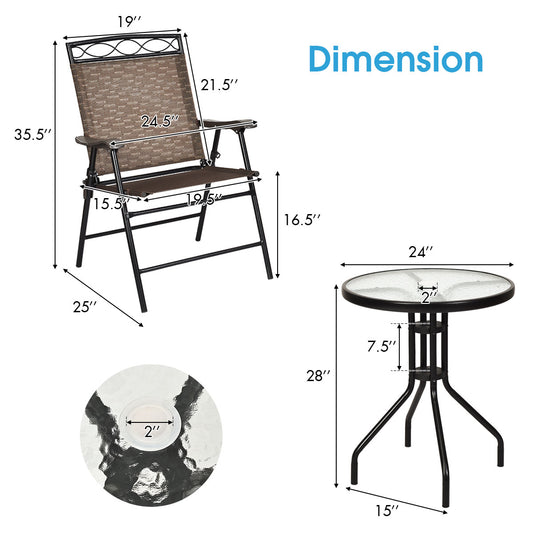 Topbuy 3PCS Patio Folding Dining Set for Backyard Garden Pool with 2 Patio Chairs and Table