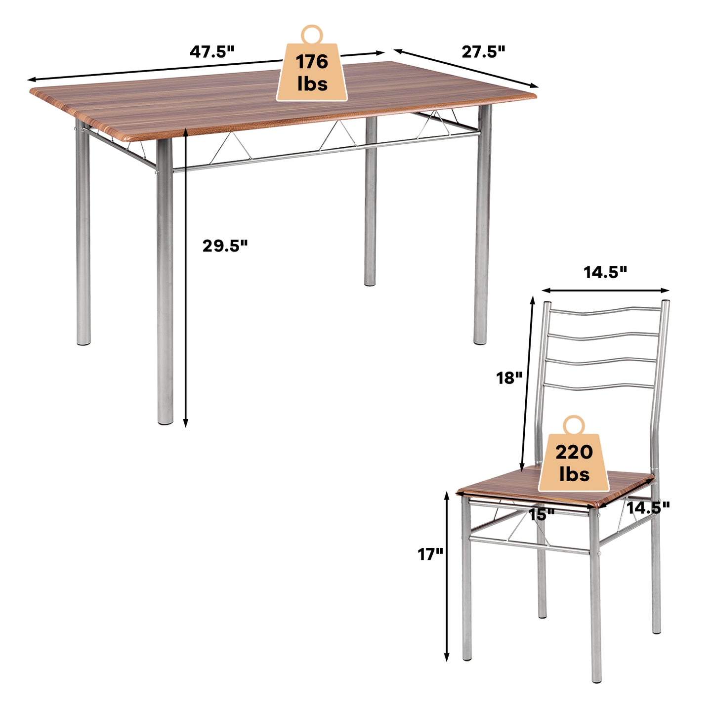 Topbuy 5 PCS Dining Table Set 4 Chairs MDF Metal Frame Kitchen Furniture Walnut