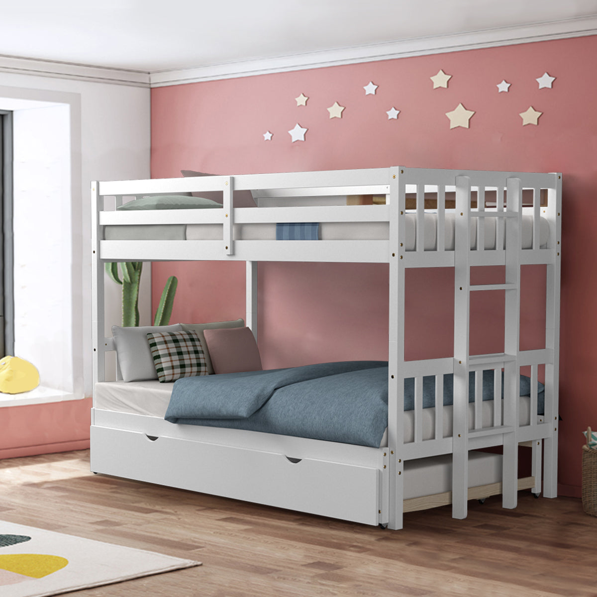 Topbuy Twin Convertible Bunk Beds with Trundle & Ladder for Kids White/Espresso