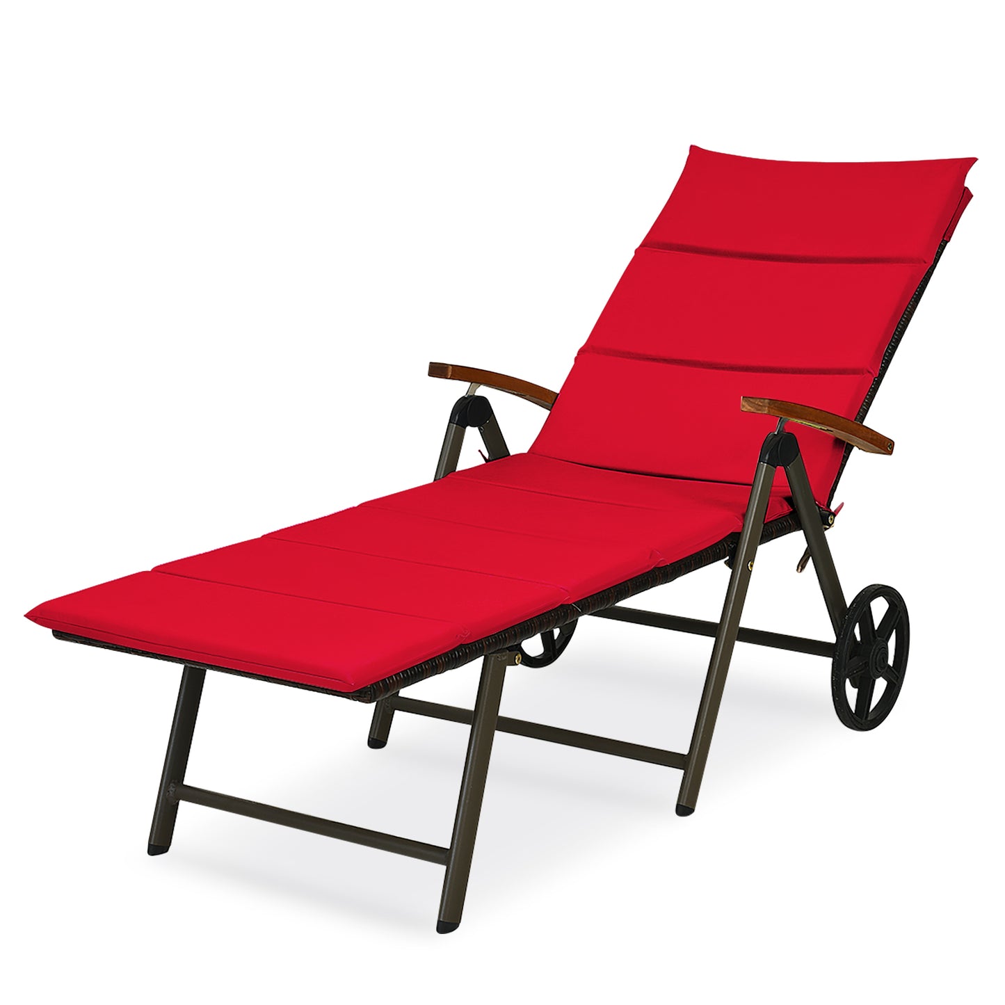 Patiojoy Outdoor Rattan Wicker Lounge Chair Folding Patio Chaise w/ Wheels Brown/Red/Turquoise/Beige Cushion