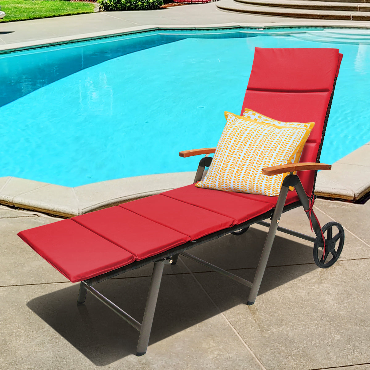 Patiojoy Outdoor Rattan Wicker Lounge Chair Folding Patio Chaise w/ Wheels Brown/Red/Turquoise/Beige Cushion