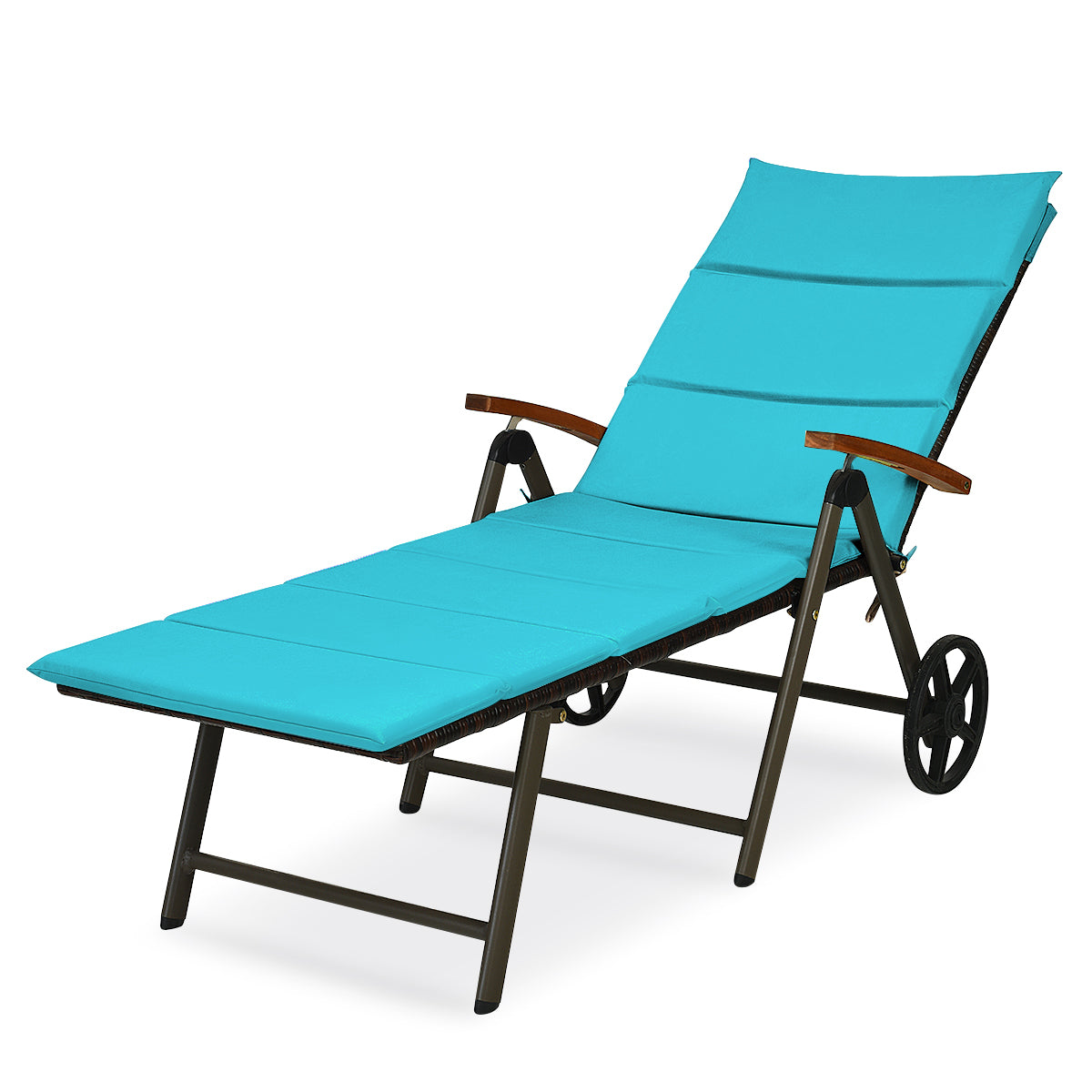 Patiojoy Outdoor Rattan Wicker Lounge Chair Folding Patio Chaise w/ Wheels Brown/Red/Turquoise/Beige Cushion