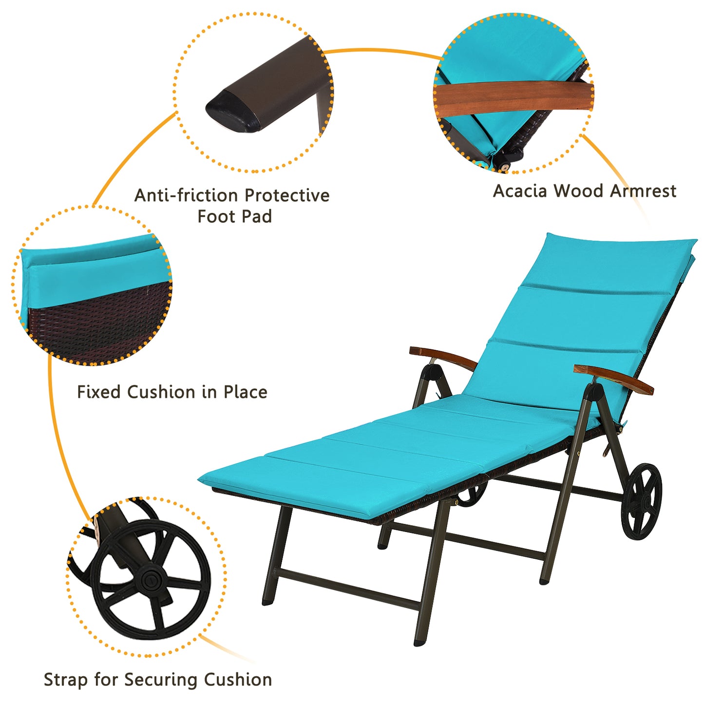 Patiojoy 2PCS Folding Outdoor Rattan Chaise Lounge Chair Cushioned Recliner with Wheels&Beige/Brown/Red/Turquoise Cushion