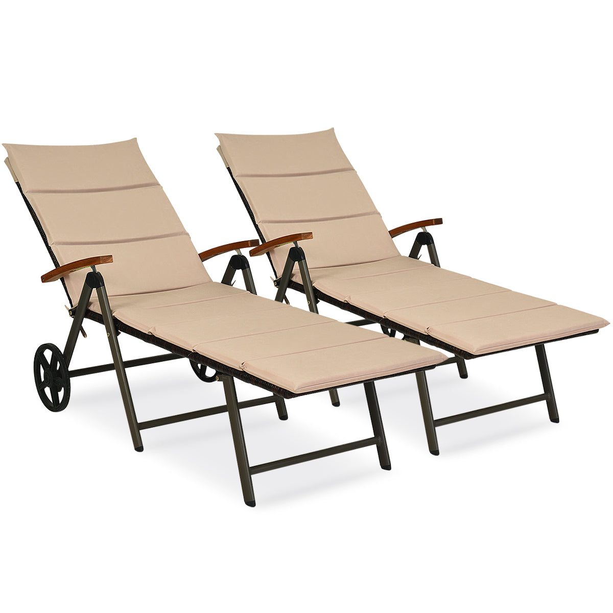 Patiojoy 2PCS Folding Outdoor Rattan Chaise Lounge Chair Cushioned Recliner with Wheels&Beige/Brown/Red/Turquoise Cushion