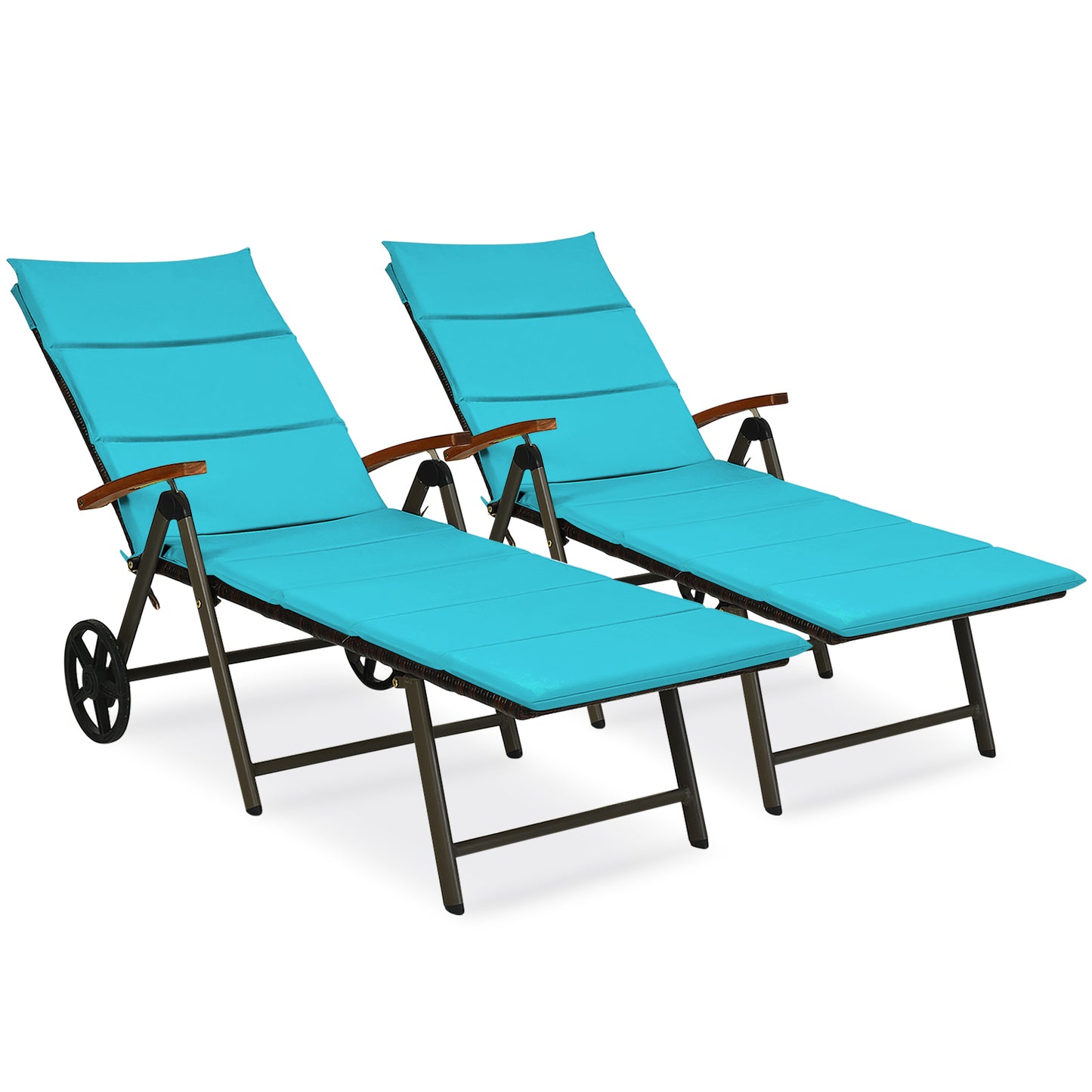 Patiojoy 2PCS Folding Outdoor Rattan Chaise Lounge Chair Cushioned Recliner with Wheels&Beige/Brown/Red/Turquoise Cushion