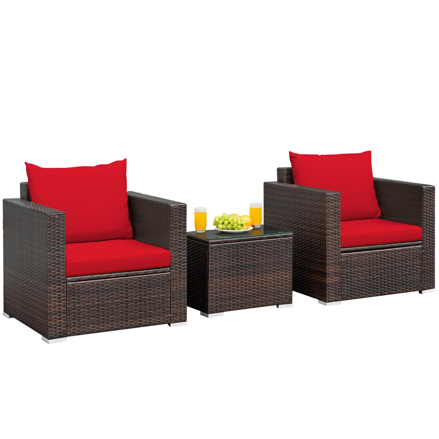 Patiojoy 3PCS Patio Rattan Furniture Set with 2 Cushioned Sofas & Coffee Table for Outdoor Red/Turquoise/Black/Navy/Brown