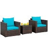 Patiojoy 3PCS Patio Rattan Furniture Set with 2 Cushioned Sofas & Coffee Table for Outdoor Red/Turquoise/Black/Navy/Brown