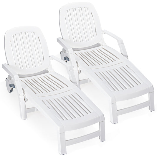 Topbuy 2 PCS Patio Lounge Chair Chaise Recliner Adjustable Backrest All Weather for Outdoor&Indoor Wheels White