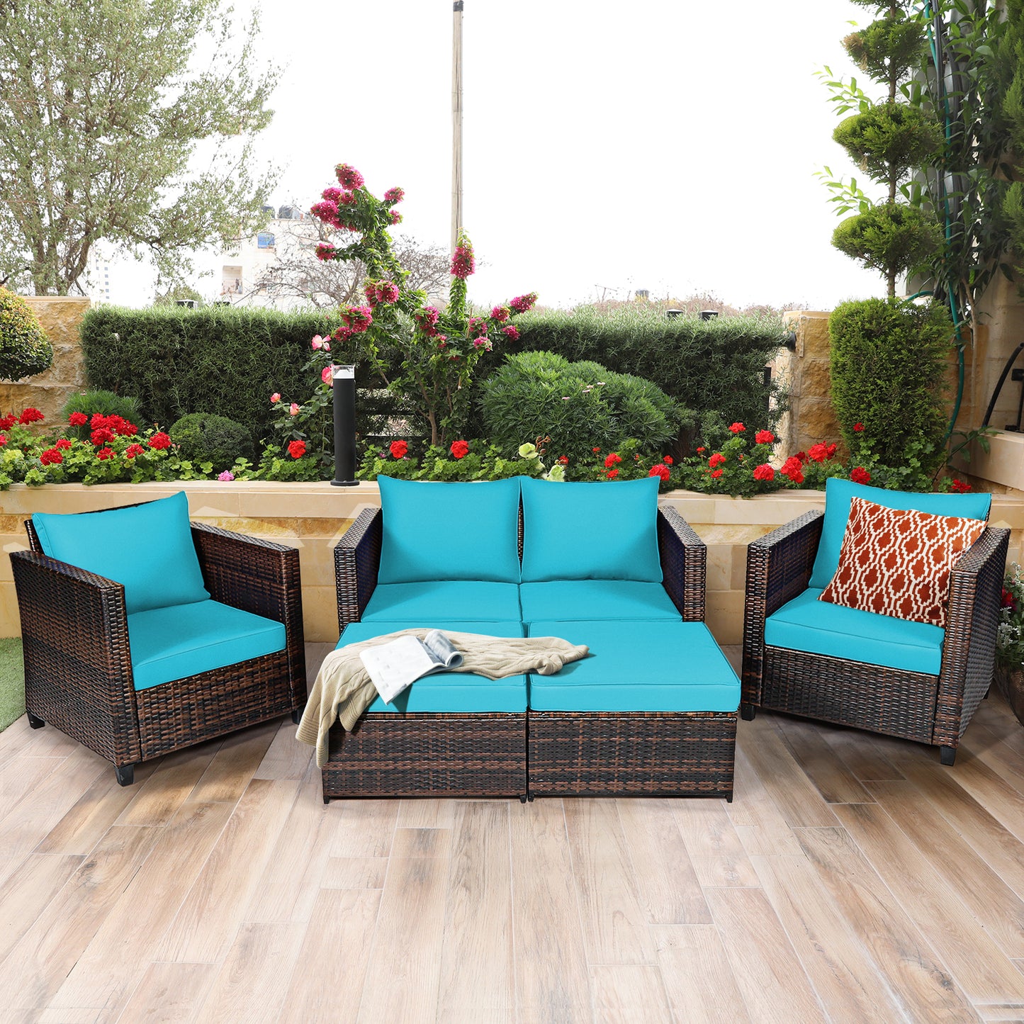 Patiojoy Outdoor Wicker Coversation Set with Removable Cushions Gray/Black/White/Navy/Red/Turquoise 5 Piece