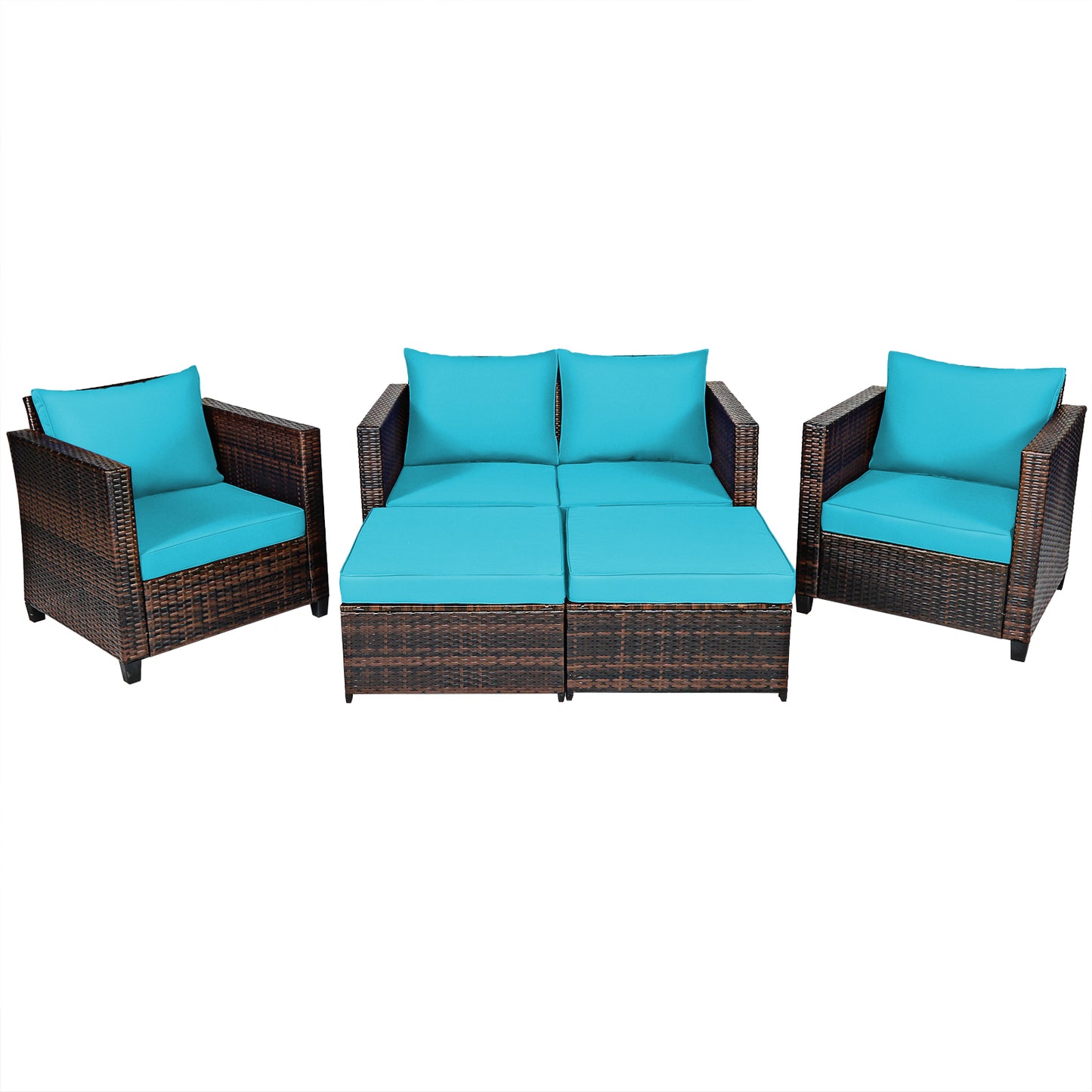 Patiojoy Outdoor Wicker Coversation Set with Removable Cushions Gray/Black/White/Navy/Red/Turquoise 5 Piece