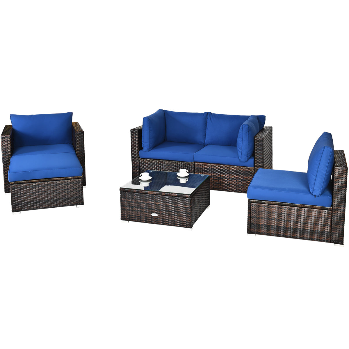 Patiojoy 6PCS Rattan Patio Furniture Set Cushioned Sofa Chair Ottoman Red/Navy/Turquoise/Black/White